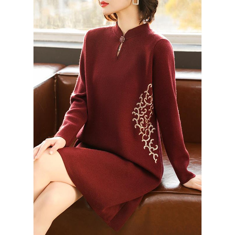 Classy Mulberry Stand Collar Wool Mid Knit Dress Spring