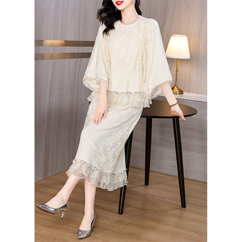 Elegant Beige Embroidered Nail Bead Lace Two Pieces Set Spring