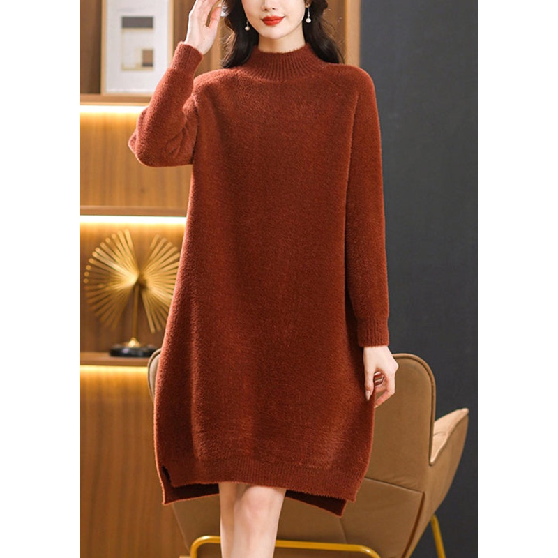 Elegant Caramel Hign Neck Mink Hair Knitwear Sweaters Dress Spring