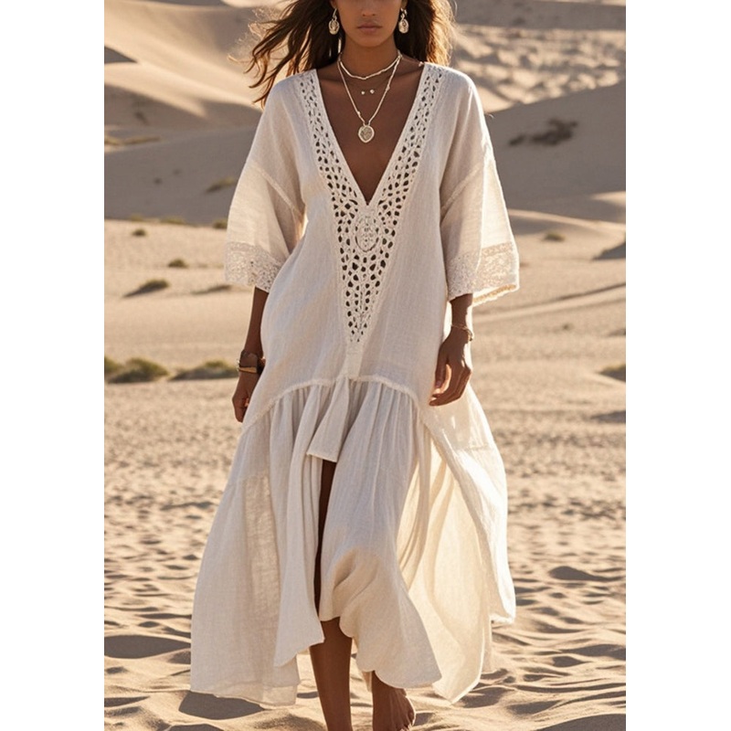 Elegant White Oversized Lace Patchwork Cotton Long Dresses Summer