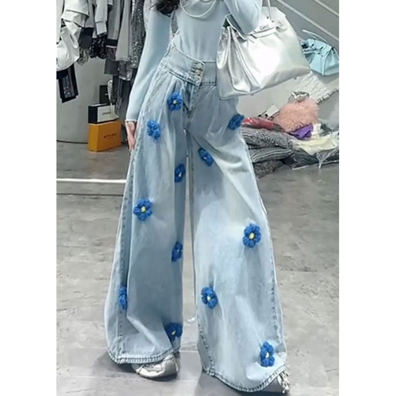 Fashion Blue High Waist Floral Decorated Denim Wide Leg Pants Spring