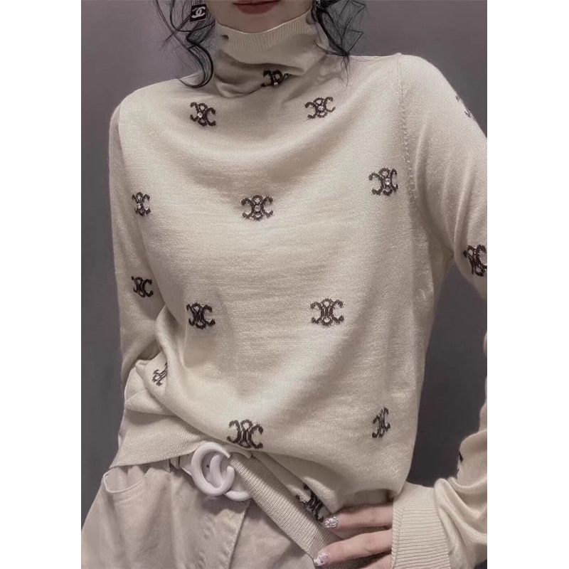 French Apricot Turtle Neck Zircon Woolen Top Spring