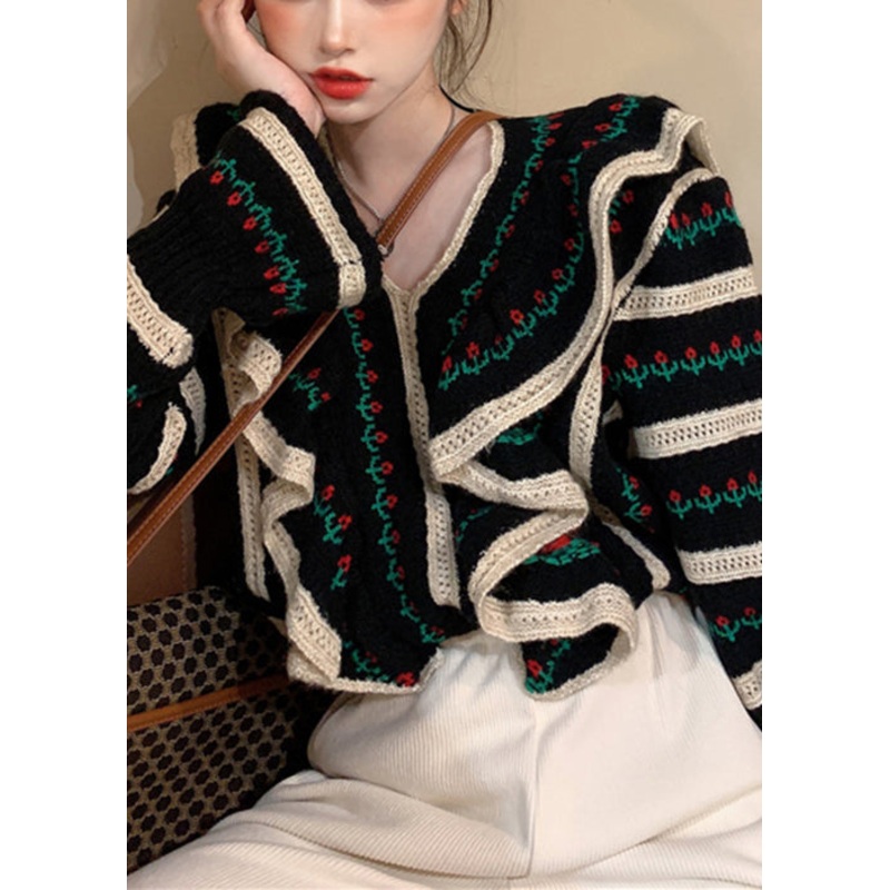French Black V Neck Ruffled Hollow Out Knit Sweaters Spring
