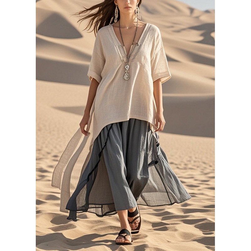Italian Beige Asymmetrical Patchwork Cotton Long Dress Summer