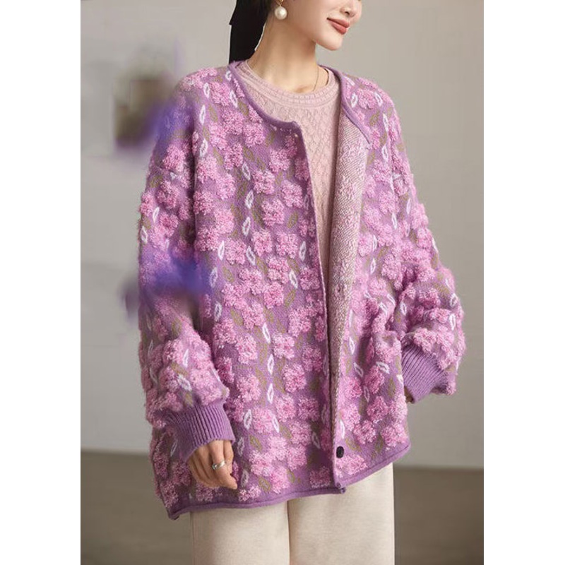 Jacquard Purple O Neck Button Knit Coats Spring