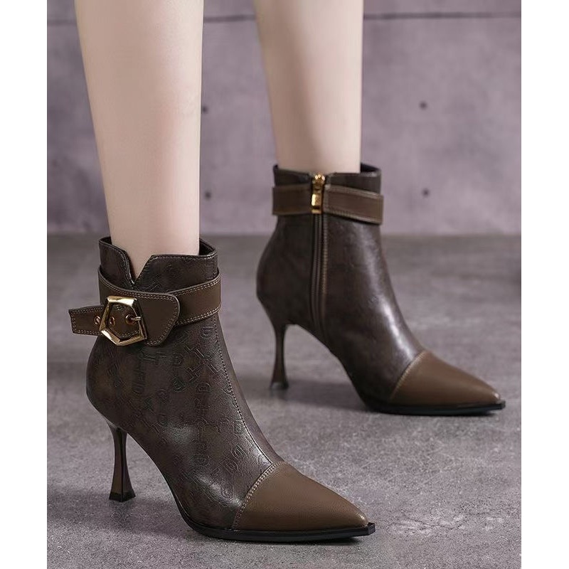Khaki Boots High Heel Faux Leather Women Splicing