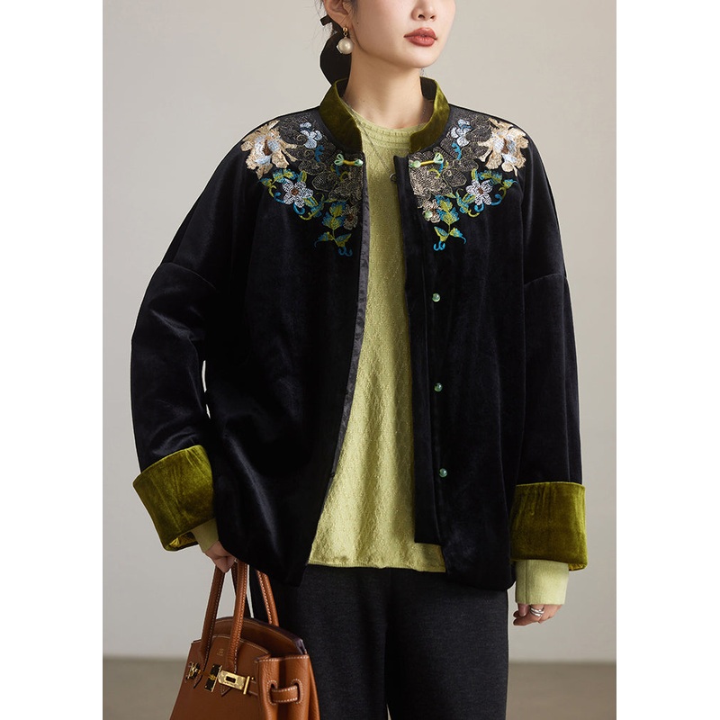 Loose Black Embroidered Button Cotton Filled Coat Winter