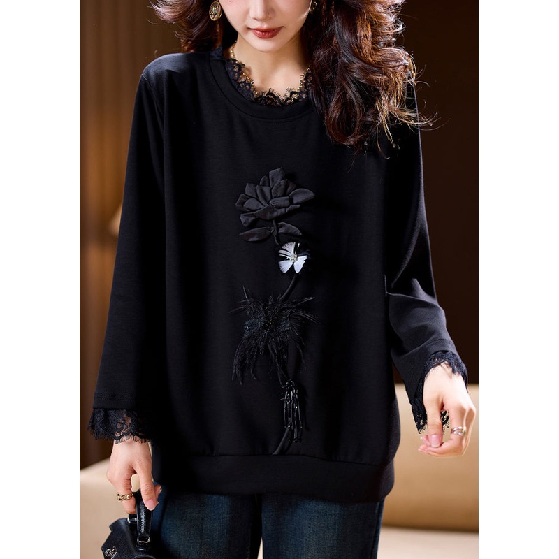Loose Black O-Neck Lace Patchwork Cotton T Shirt Spring