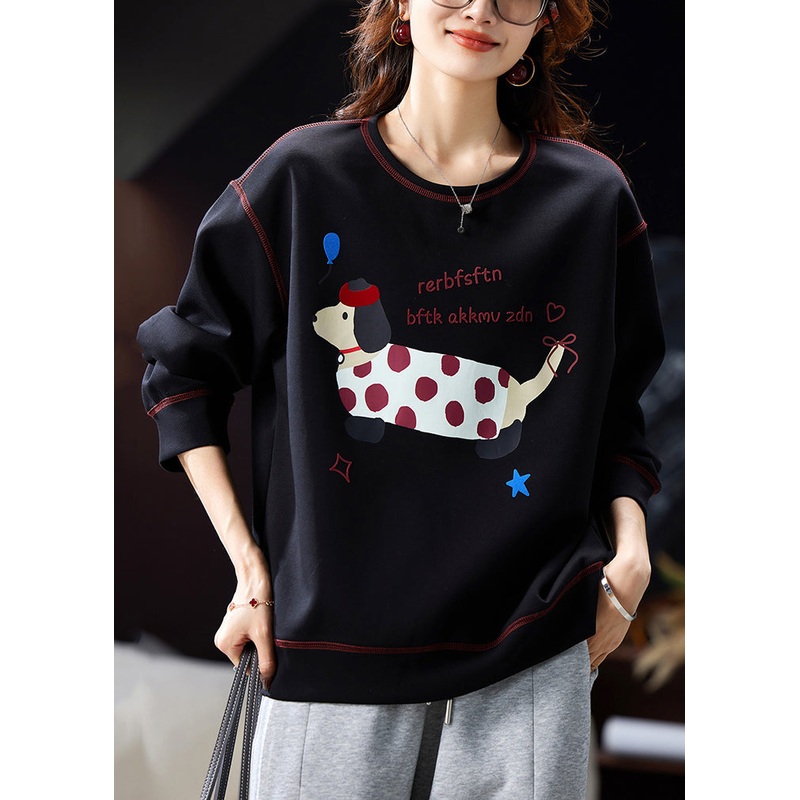 Loose Black O Neck Print Cotton Sweatshirts Spring
