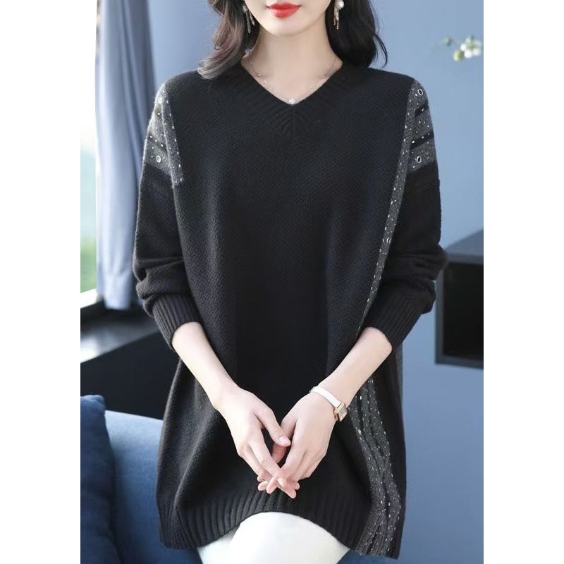 Loose Black V Neck Patchwork Woolen Knit Pullover Spring
