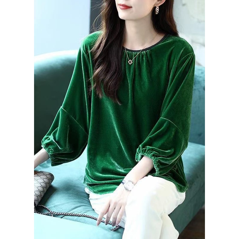 Loose Blackish Green O Neck Solid Silk Velour Tops Spring