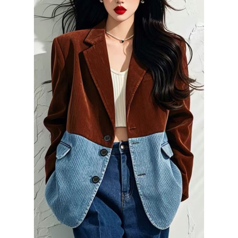 Loose Brown Notched Button Patchwork Corduroy Coats Spring
