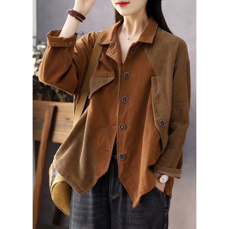 Loose Brown Peter Pan Collar Button Patchwork Corduroy Coats Spring