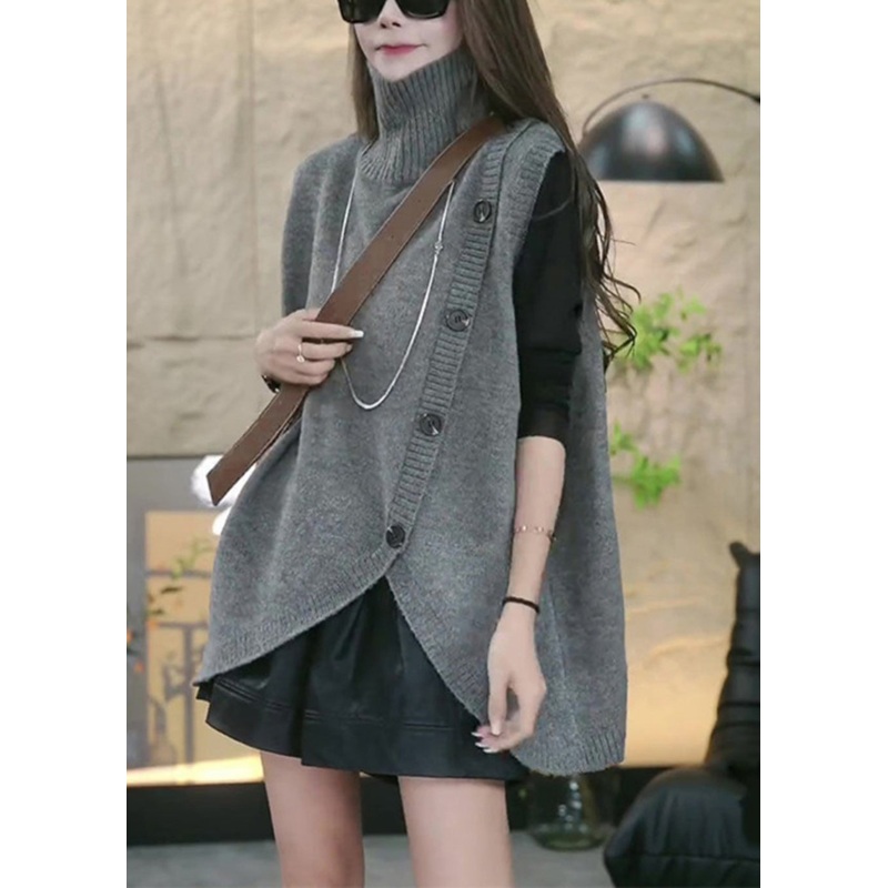 Loose Grey Turtleneck Asymmetrical Knit Waistcoat Sleeveless