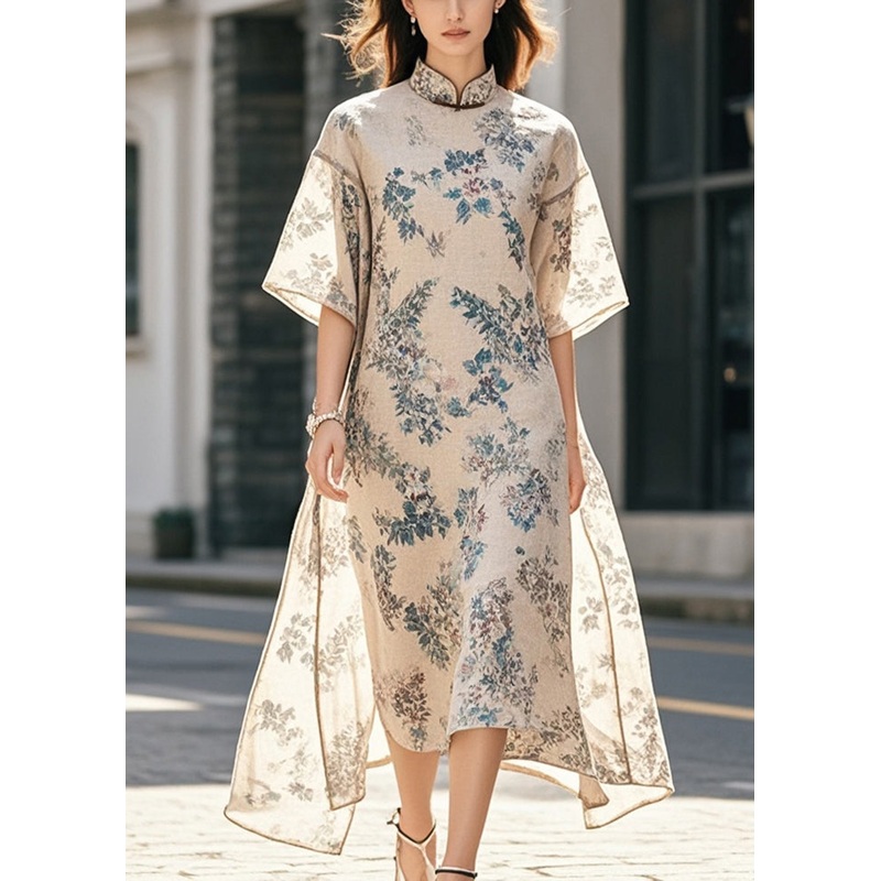 Modern Beige Mandarin Collar Print Cotton Long Dress Summer