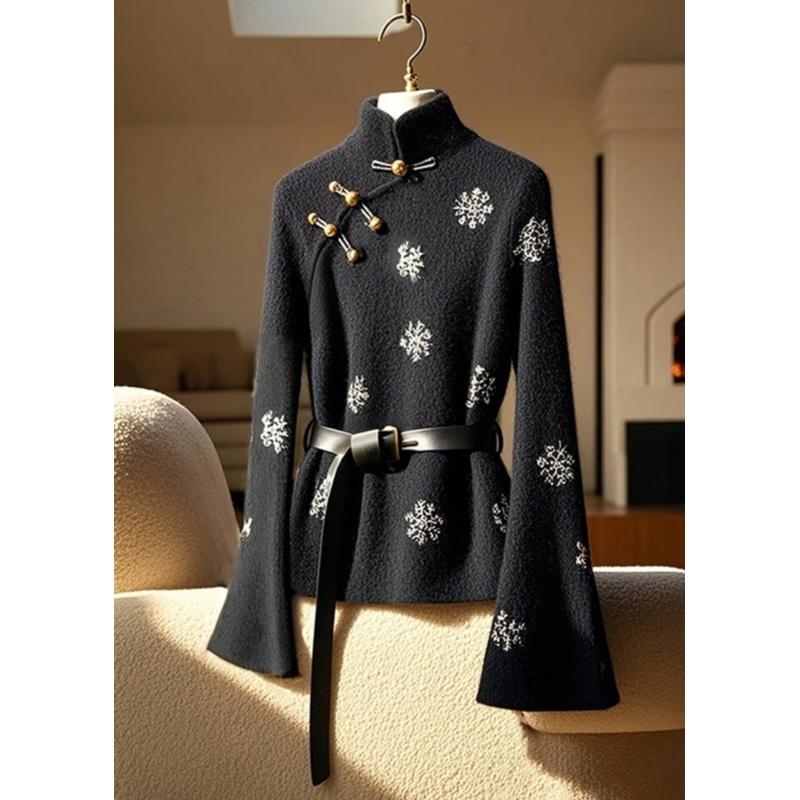 New Black Stand Collar Print Button Cotton Top Flare Sleeve
