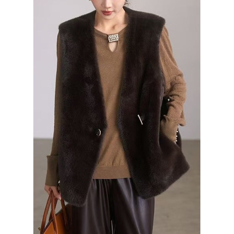 New Coffee Button Pockets Leather And Fur Waistcoat Sleeveless