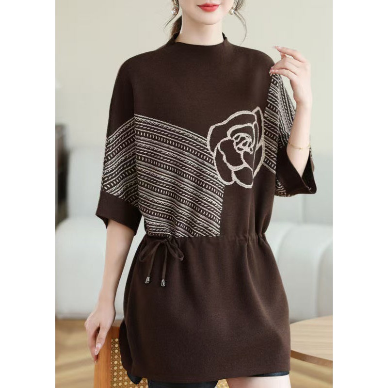 New Coffee O-Neck Print Drawstring Knit Top Spring