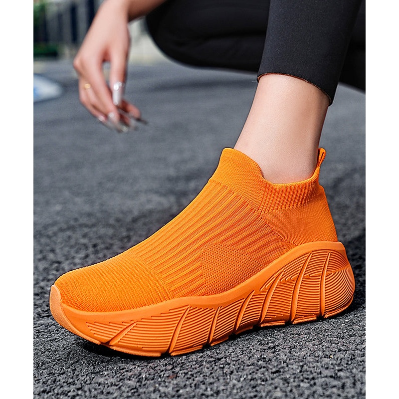 Orange Elastic Fabric Platform Sport Shoes For Women
