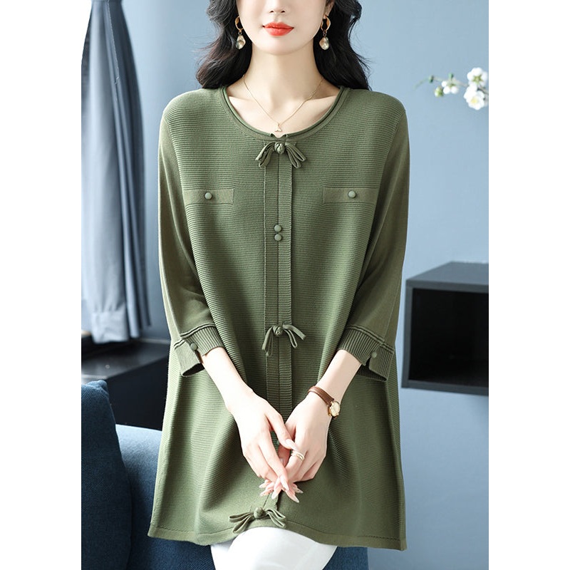 Plus Size Green O Neck Bow Patchwork Knit Top Bracelet Sleeve