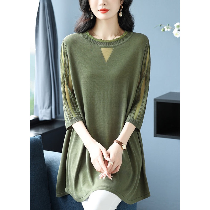 Plus Size Green O Neck Patchwork Ice Silk Knitted Tops Half Sleeve
