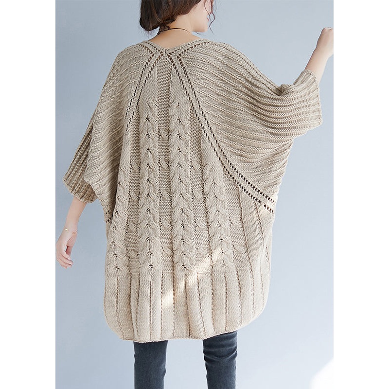 Plus Size Khaki O Neck Hollow Out Knit Tops Batwing Sleeve