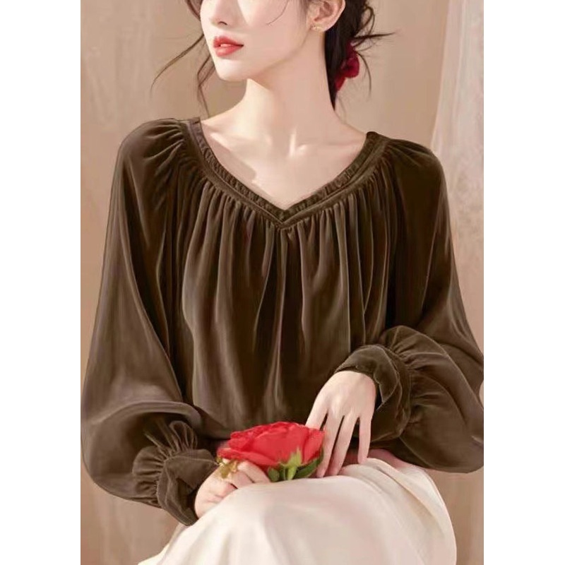 Simple Coffee V Neck Wrinkled Solid Silk Velour Shirt Spring