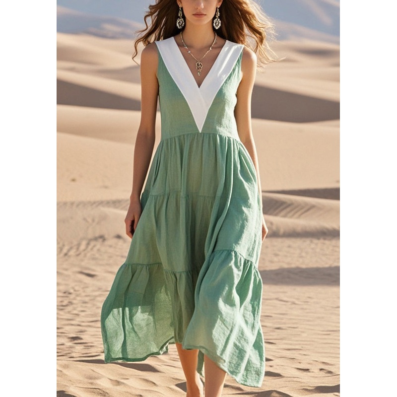 Style Green V Neck Patchwork Cotton Holiday Dress Sleeveless