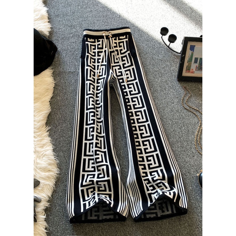 Stylish Black Drawstring Print Knit Wide Leg Pants Spring