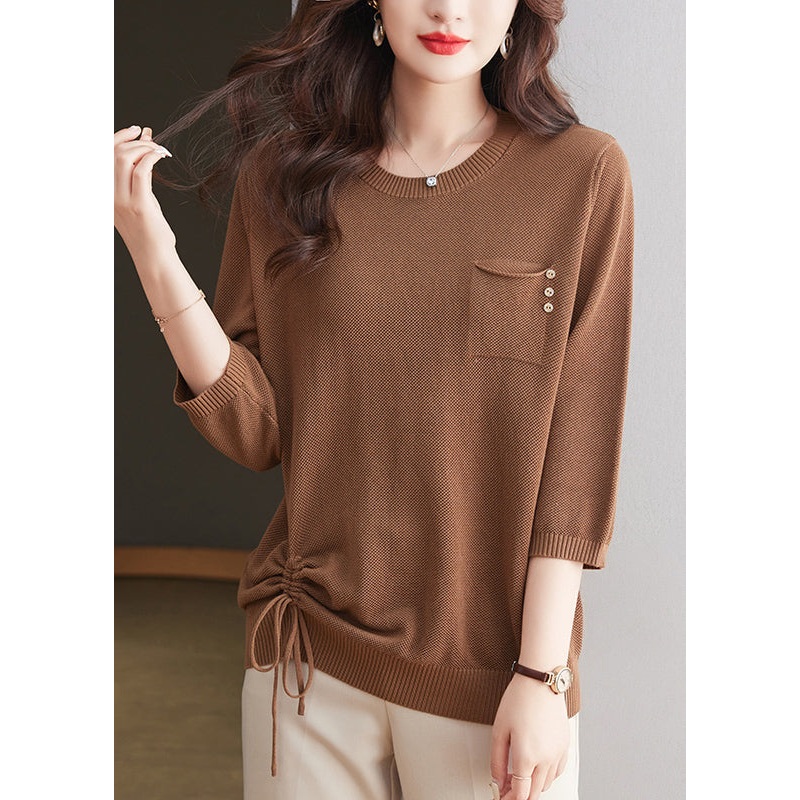 Stylish Camel O Neck Drawstring Ice Silk Top Bracelet Sleeve