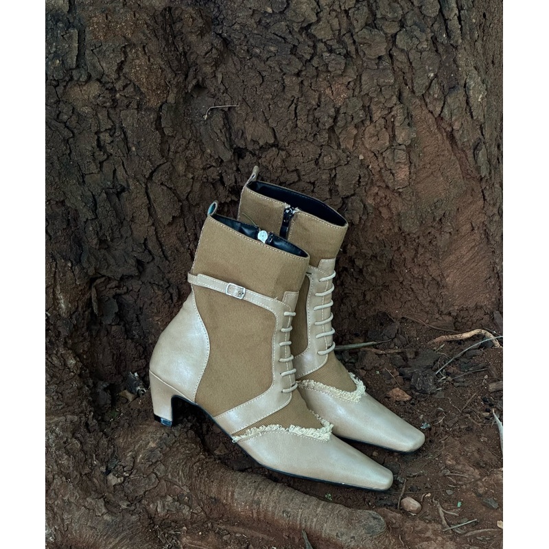 Stylish Khaki Lace Up Zippered Splicing Chunky Boots