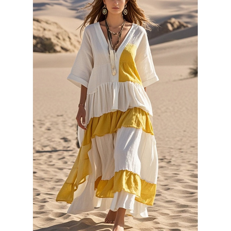 Stylish White Asymmetrical Patchwork Cotton Holiday Dress Bracelet Sleeve