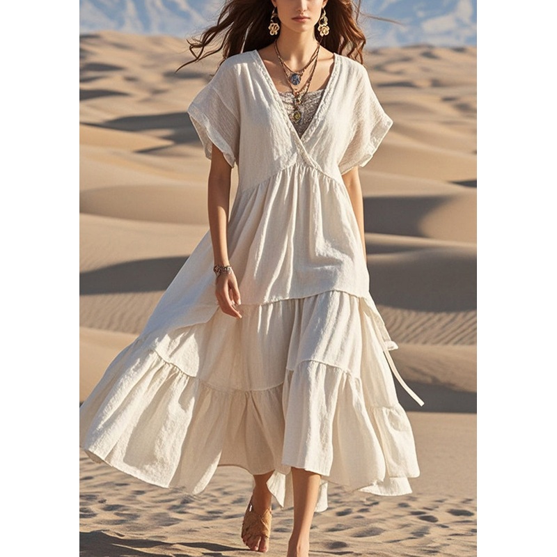 Stylish White V Neck Patchwork Exra Large Hem Cotton Maxi Dresses Summer