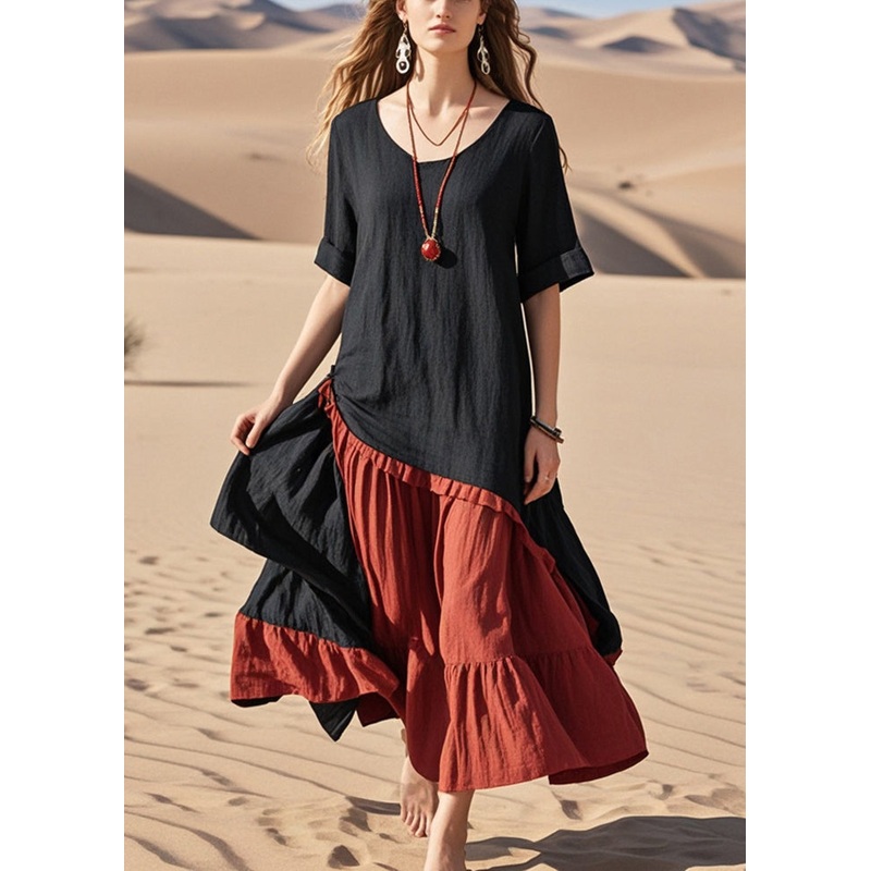 Unique Black Asymmetrical Patchwork Cotton Dresses Summer