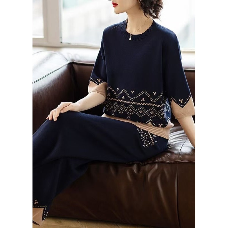 Unique Navy O Neck  Knit Women Sets 2 Pieces Spring