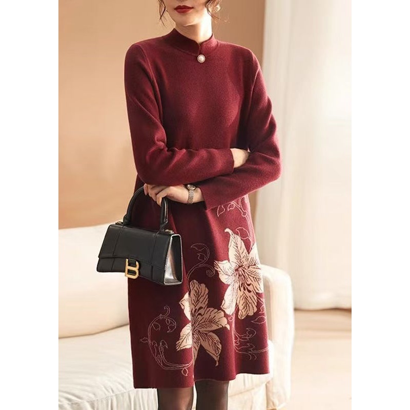 Unique Red Stand Collar Print Knitted Sweaters Dress Spring