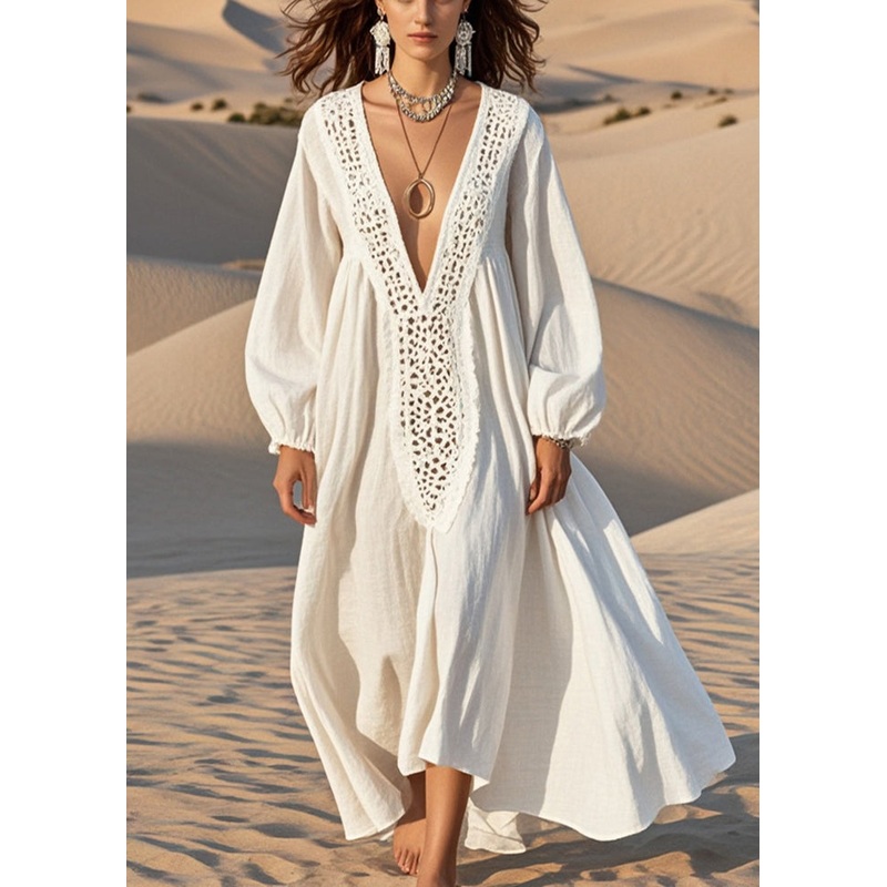 Unique White Oversized Hollow Out Cotton Maxi Dress Fall