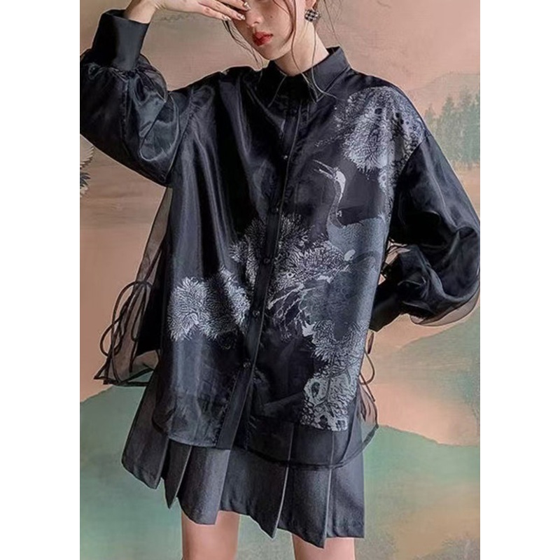 Vintage Black Peter Pan Collar Lace Up Patchwork Tulle Shirt Lantern Sleeve