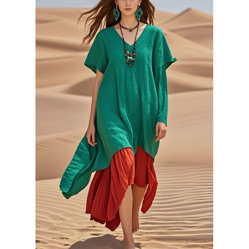 Vintage Green Oversized Patchwork Cotton Robe Dresses Summer