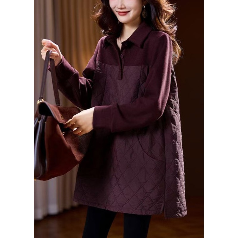 Vintage Wine Red Button Patchwork Cotton Filled Blouses Spring