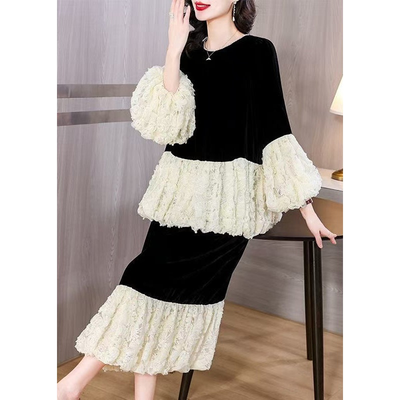 White Lace Patchwork Tops And Skirts Two-Piece Set Pearl Spring