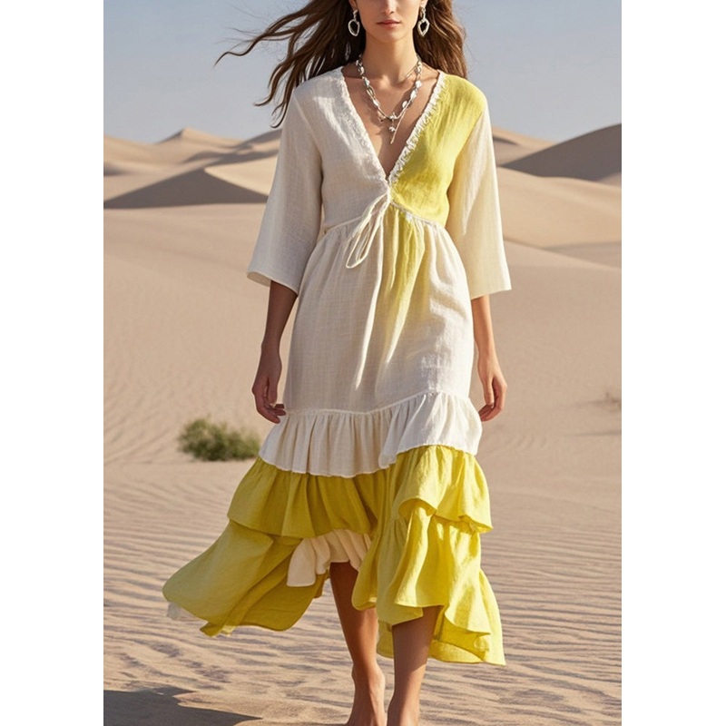 White Patchwork Cotton Dresses Tie Dye Bracelet Sleeve