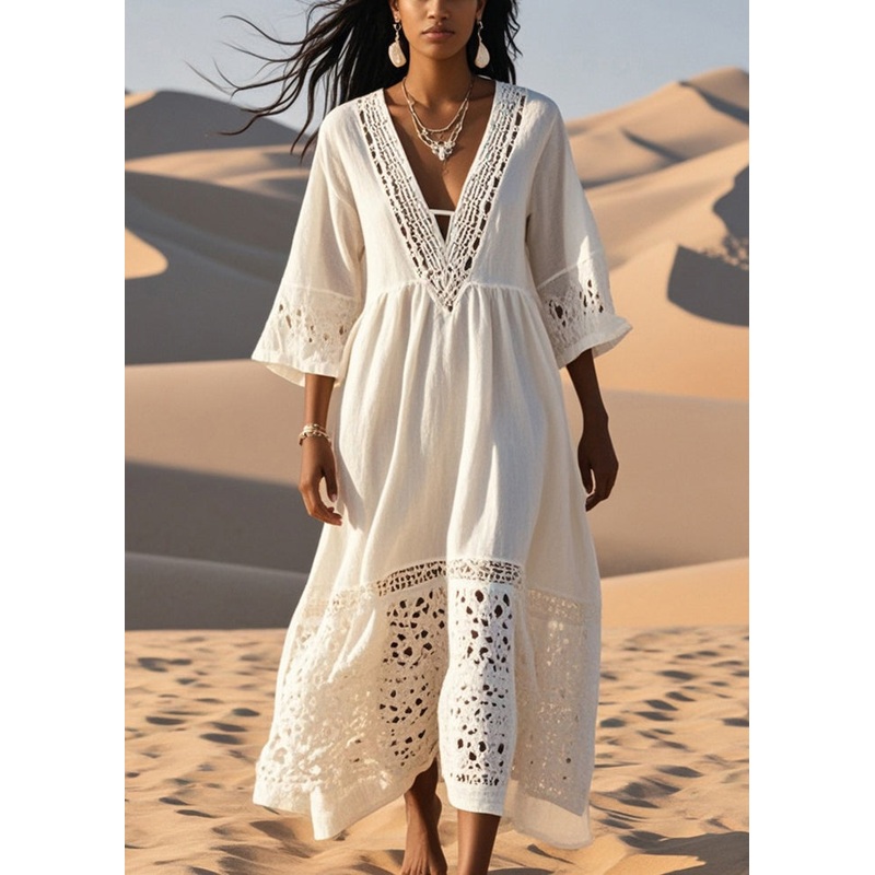 White Patchwork Cotton Long Dress Hollow Out Fall