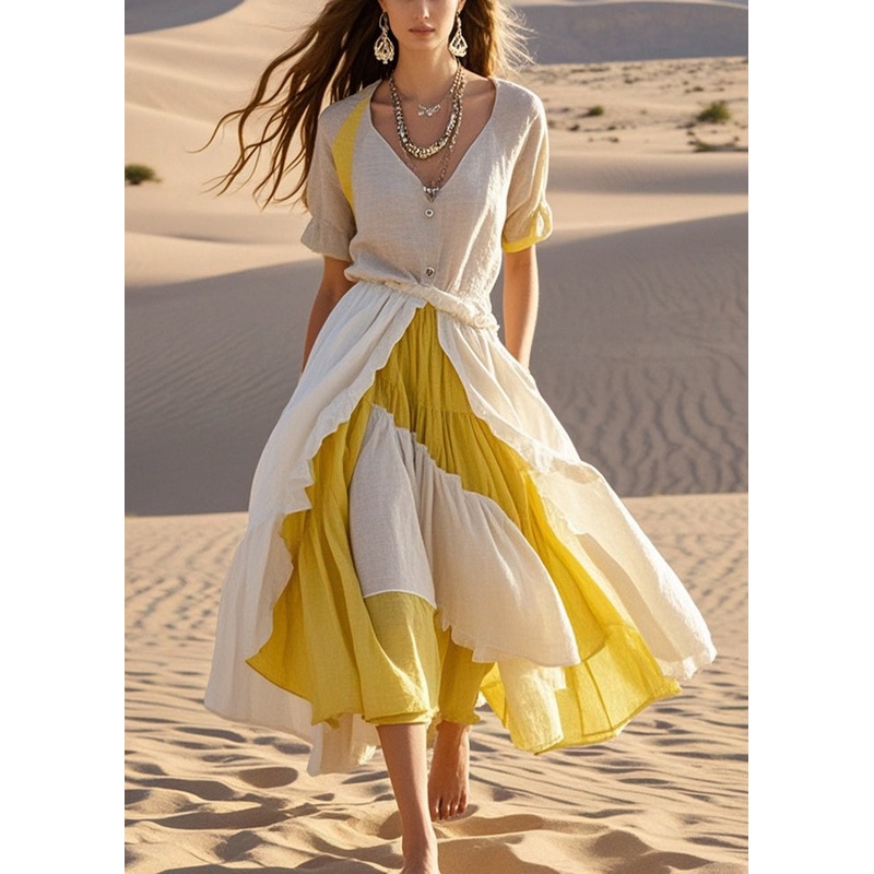 White Patchwork Cotton Maxi Dresses Asymmetrical Exra Large Hem Summer