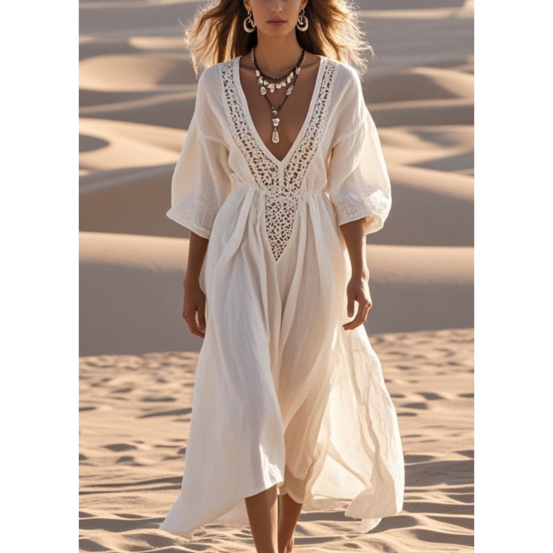 White Patchwork Cotton Party Dress Hollow Out Bracelet Sleeve