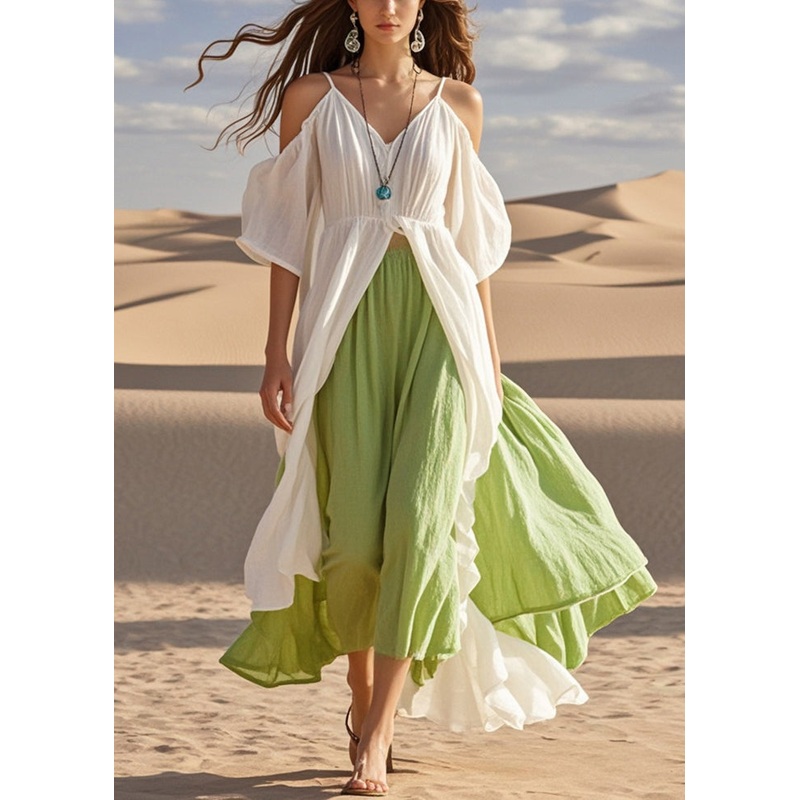 White Patchwork Cotton Spaghetti Strap Dress Cold Shoulder Summer