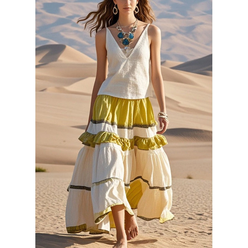 White Patchwork Cotton Spaghetti Strap Dress Exra Large Hem Summer
