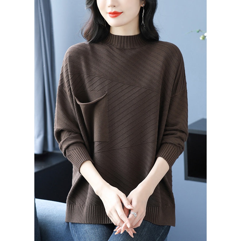 Women Coffee Half Hign Neck Pockets Patchwork Woolen Knit Top Spring