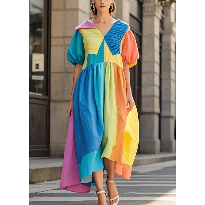 Women Colorblock Asymmetrical Patchwork Wrinkled Cotton Vacation Dresses Summer