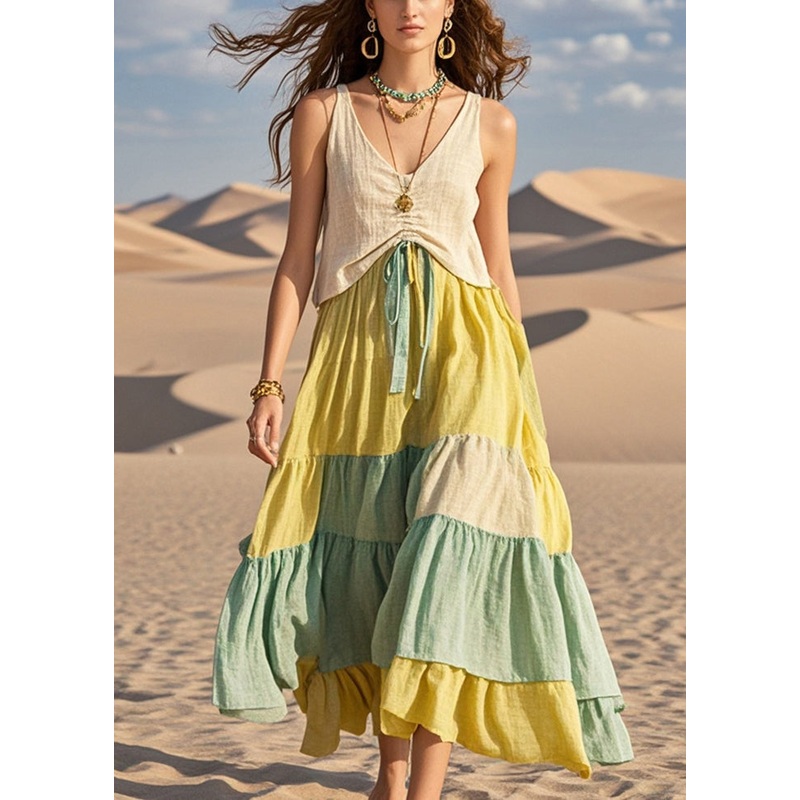 Women Colorblock Cinched Patchwork Cotton Dresses Summer